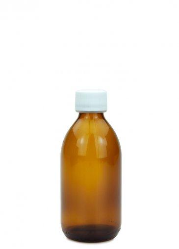 Sklenená fľaša jantárová 250 ml PP28 so skrutkovacím uzáverom a kvapkadlom