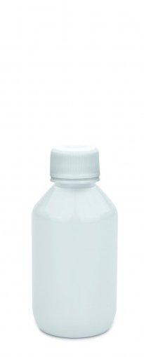 Laboratórna fľaša PET 150 ml biela so skrutkovacím viečkom 28 detská poistka ROPP biela