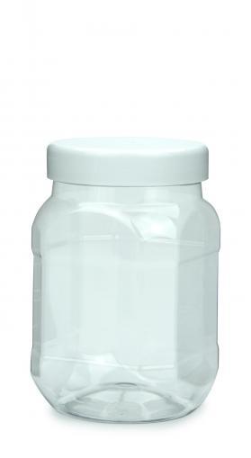 PET plastová dóza Osemhranná 700 ml 25 oz číra so skrutkovacím viečkom biela, hrdlo 82 RTS