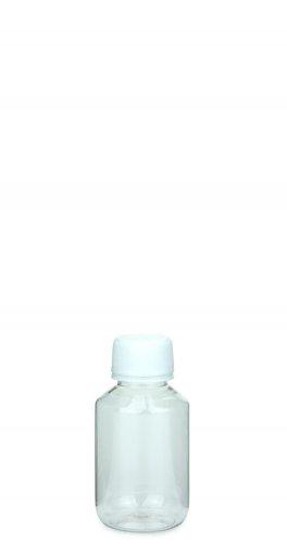 PET laboratórna fľaša 100 ml číra s PFP 28 skrutkovacím uzáverom bielym