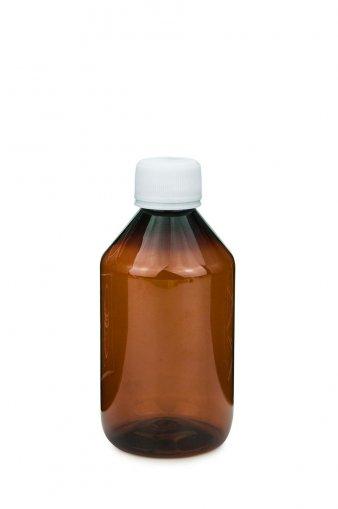 Laboratórna PET fľaša 250 ml jantárovej farby so štandardným PFP skrutkovacím uzáverom 28