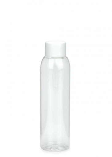 PET fľaša AIDA 125 ml číra s uzáverom 24/410 biela lesklá so zátkou s otvorom 3 mm