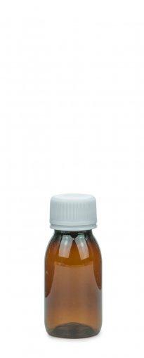 PET laboratórna sirupová fľaša 50 ml jantárovej farby so štandardným PFP uzáverom
