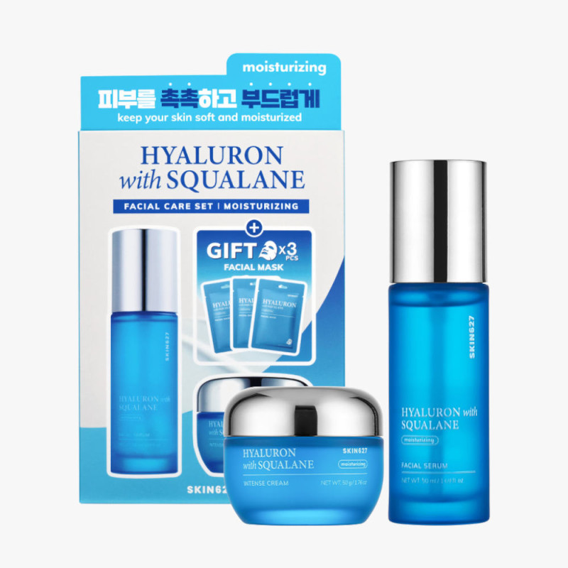 Sada na starostlivosť o tvár SKIN627 s hyalurónom a skvalánom, 3 x 22 ml + 50 g + 50 ml 3