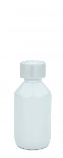 PET laboratórna fľaša 150ml biela so skrutkovacím uzáverom 28 ROPP s detskou poistkou