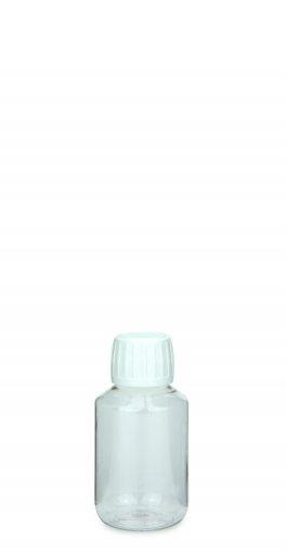 Laboratórna PET fľaša 100 ml číra s uzáverom so závitom PFP 28/410 biela