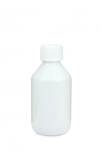 PET laboratórna fľaša 250 ml biela so skrutkovacím uzáverom 28 ROPP s detskou poistkou
