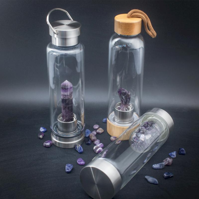 Sklenená fľaša na vodu s kryštálom - viac druhov