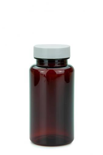 PET fľaša jantárová 150 ml 38/400 s uzáverom 38/400 biely s vložkou citlivou na tlak
