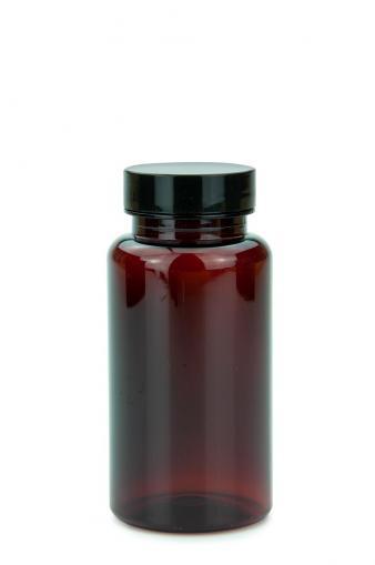 PET fľaša jantárová 150 ml 38/400 s uzáverom 38/400 čierny s vložkou citlivou na tlak