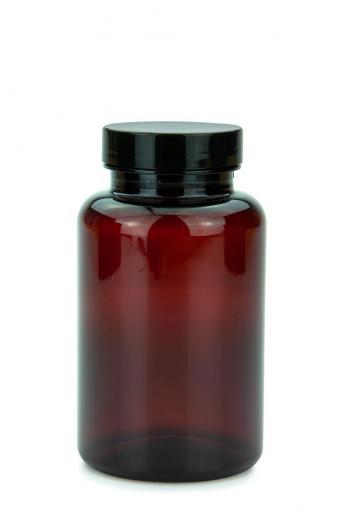 PET fľaša jantárová 250 ml 45/400 s čiernym skrutkovacím uzáverom 45/400 s EPE vložkou