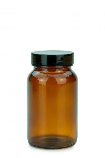 Sklenená nádoba na pilulky jantárová so širokým hrdlom 150 ml 45/400 s EPE vložkou