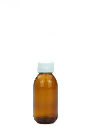 Fľaša zo skla na sirup jantárová, 125 ml, PP28, so skrutkovacím uzáverom a kvapkadlom