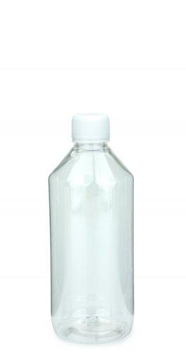 PET laboratórna fľaša 500 ml číra s PFP 28 skrutkovacím uzáverom bielym