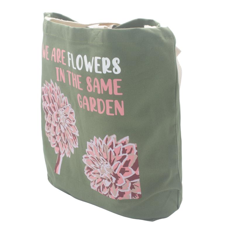 Bavlnená taška s potlačou - We are Flowers - Olivová, Ružová a Prírodná