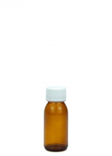 Fľaša zo skla na sirup jantárová, 60 ml, PP28, so skrutkovacím uzáverom a kvapkadlom