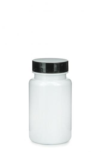 PET fľaša biela 100 ml 3,5 oz 38/400 s uzáverom 38/400 čierny s vložkou citlivou na tlak