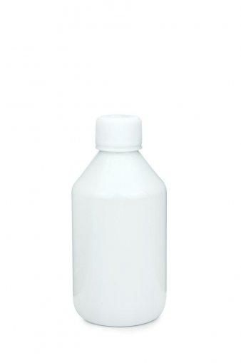 Laboratórna fľaša PET 250 ml biela so skrutkovacím uzáverom 28 ROPP základná biela