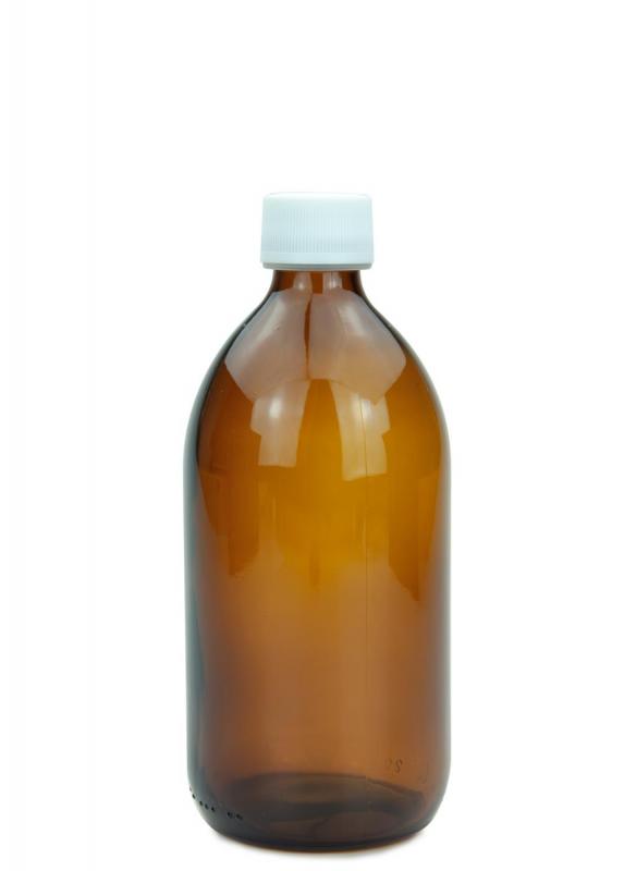 Fľaša zo skla na sirup jantárová, 500 ml, PP28, so skrutkovacím uzáverom a kvapkadlom